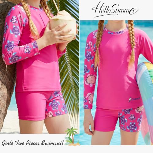 Image of Girls Swimsuit Two Piece Rash Guard Set for 4-14 Years UPF 50+ UV Protective Long Sleeve Swimwear