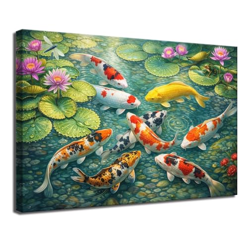 EAUMI Koi Fish Wall Art Poster Canvas Print, Lotus Pond