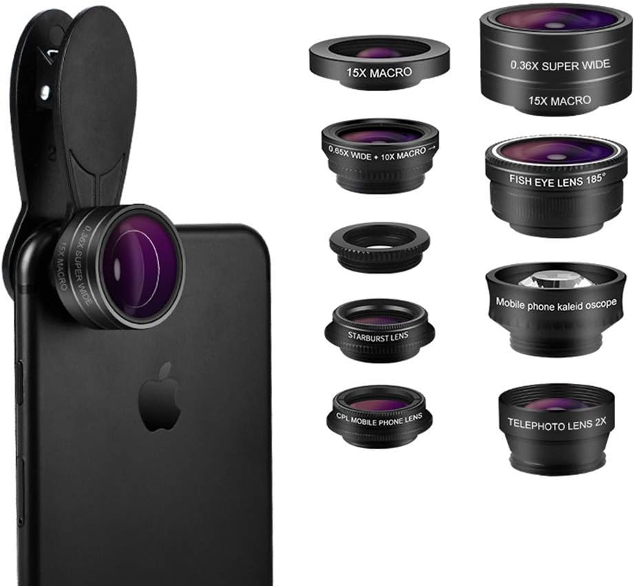 0.36X Wide Angle Lens+15X Macro Lens+180° Fisheye Lens+2X Zoom Lens+CPL Lens+Kaleidoscope Lens+Starburst Lens+0.65X Wide Angle Len+10X Macro Lens, 9-in-1 Phone Camera Lens Kit