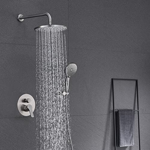 Image of Iriber Shower System Wall Mounted Shower Faucet Set with High Pressure Shower head and 3-Setting Handheld, Bathroom Shower Trim Kit Contain Pressure Balance Valve Cartridge, Brushed Nickel