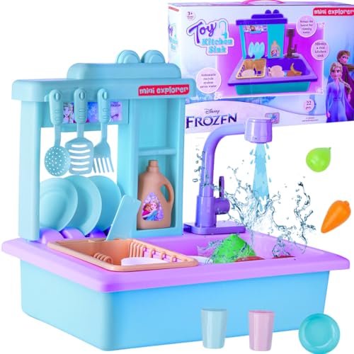 Image of MiniExplorer Frozen Sisters Pretend Play Kitchen Set for Girls Toy Sink Electronic Dishwasher Pretend Role Play Kitchen Toys Set with Working Faucet - Frozen Sisters