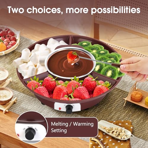 Image of Chocolate Melting Pot Electric Chocolate Fondue Set with 6 Forks | 3-Section Food Trays with 6pcs Dipping Forks Perfect for Cheese Dessert Housewarming Christmas Party Gifts (Brown)