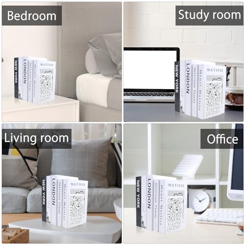 Buchstützen Set Metall Weiß – Buchstütze Buchständer rutschfeste L-förmige Buchhalter mit dekorativem Design – Bücherregal Organizer für Zuhause, Büro, Geschenk