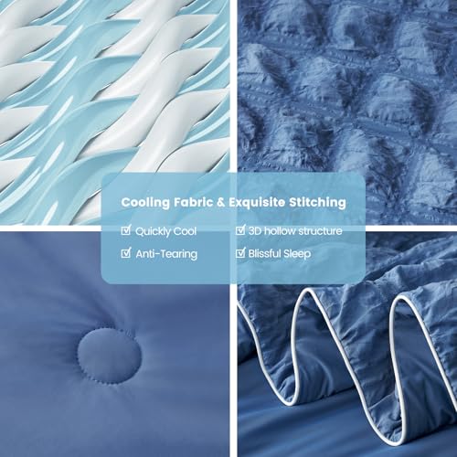 Cozy Bliss Cooling Comforter Seersucker Plaid Full, Q-Max 0.4 Reversible Lightweight Cooling Blanket, Breathable Silk Smooth Summer Bedding Quilt for Hot Sleepers Night Sweats Denim Blue