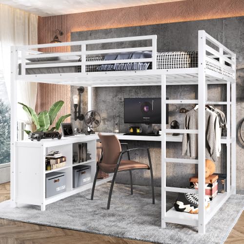 Bellemave Queen Size Loft Bed with L-Shaped Desk & Storage Cubes, Metal Queen Loft Bed Frame with Wardrobe & Shelves for Kids Teens, White