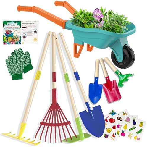 Qtioucp Kids Gardening Tools Outdoor Toys Set Backyard Play with Wheelbarrow Educational STEM Learning Pretend Toys Outdoor Indoor for Toddlers Kids Boys Girls (Green2)