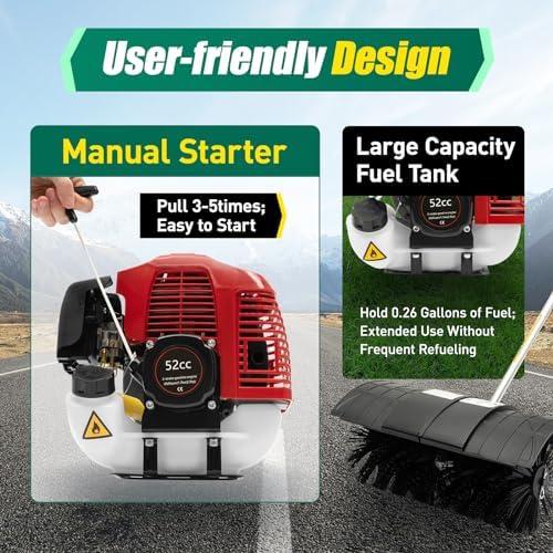 Cepillo de césped artificial, motor de 2 tiempos de 52 cc, 1,25 kW, cepillo rodante resistente con embrague automático, herramienta eléctrica de arranque manual para limpieza de césped y mantenimiento