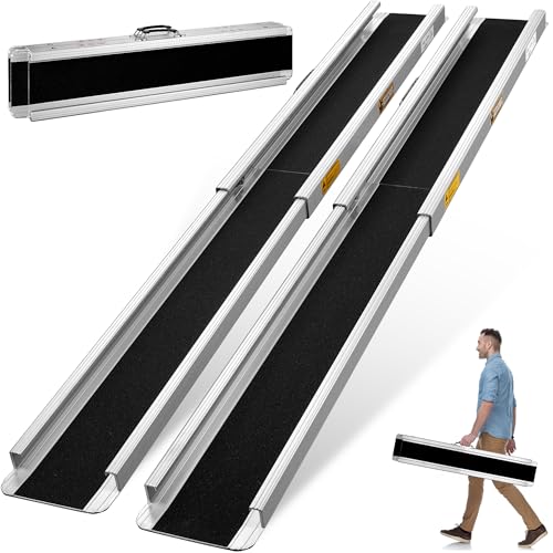 Osluken 7FT Adjustable Portable Wheelchair Ramp 2.0, 1200 LBS Capacity Ramps for Wheelchairs for Home, 2PC Aluminum Non-Skid Handicap Ramp for Home Steps, Stairs, Doorways & Vehicles