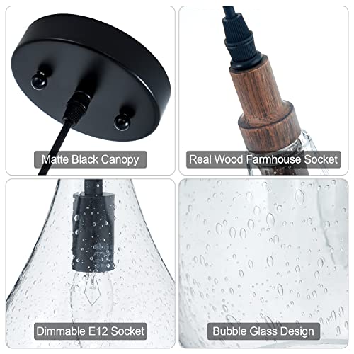 ELYCCUPA Farmhouse Wood Bubble Seeded Glass Pendant Light Adjustable Industrial Pendant Lighting Fixtures for Kitchen Island Dining Room Bedroom Entryway Sink - Image 6