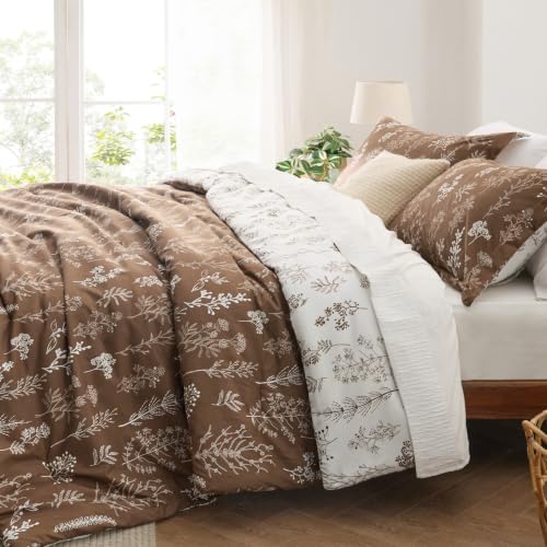 Image of Bedsure Queen Comforter Set - Dark Brown Bed Set, 3 Pieces Cute Floral Bedding, 1 Soft Reversible Botanical Flowers Comforter and 2 Pillow Shams