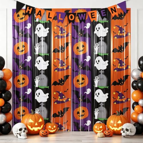 Image of TONIFUL 2Pc Halloween Ghost Tombstone Metallic Foil Fringe Curtain Streamer