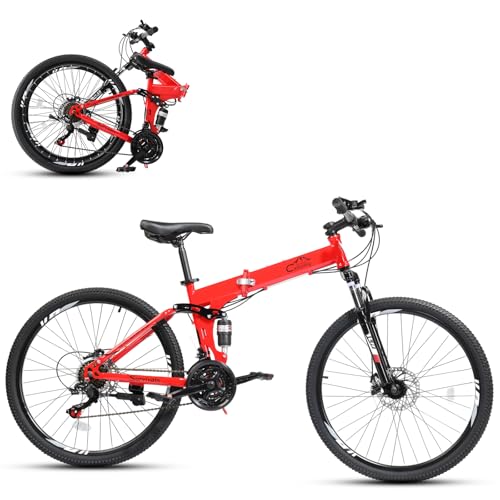 CamPingSurvivals Folding Mountain Bike, 26/27.5' Women's & Men's Bicycle, 21 Speed Foldable Bike for Adults with Dual Suspension, Dual Disc Brake, Adjustable Saddle & Precision Twist Shifting(26'Red)