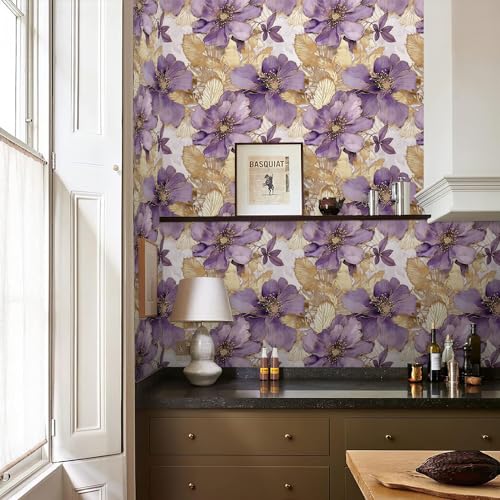 REDAMANCY Golden Purple Floral Leaf Plants Peonies Flowers Watercolor Peel and Stick Wallpaper Stick on Contact Paper Vintage Wall Paper Easy Peel Off for nightstand Drawer Cabinet Renter by REDAMANCY - Used condition - Image 5