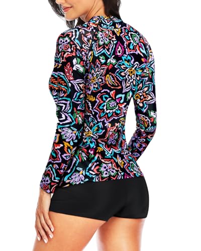 Image of Daci Women Two Piece Rash Guard Long Sleeve Swimsuits UV UPF 50+ Swim Shirt Bathing Suit with Boyshort Bottom