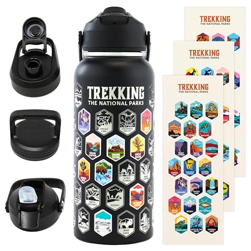 Trekking The National Parks Water Bottle with 63 Waterproof Stickers & 3 Lids (Straw, Spout, & Chug) | 32 Oz Insulated Wide Mouth Stainless Steel Bottle for Camping & Hiking | BPA-Free and Leak-Proof by Underdog Games - Used condition - US$42.56