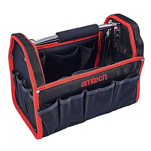 Amtech - Tool Tote Bag Open Tote Tool Bag with 19 Pockets for Electricians Technicians Plumbers and More Heavy Duty and Waterproof Cushioned Handle Detachable Shoulder Strap (13)