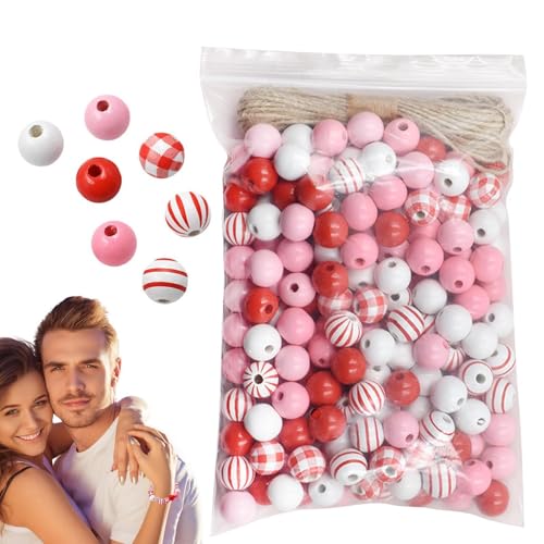 Cuentas de madera para el día de San Valentín, cuentas de madera para manualidades de San Valentín, 200 cuentas sueltas naturales, bola redonda de 0,63 pulgadas con cuerda, cuentas rústicas para