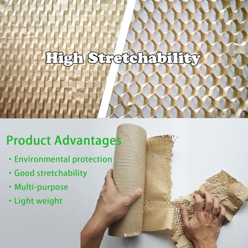 Honigwaben-Verpackungspapier 30cm breit Umweltfreundliches recycelbares & biologisch abbaubares Polstermaterial für Umzug, Produkte & Geschenke, inkl. 20 Zerbrechlich-Aufklebern (30cm x 18m)