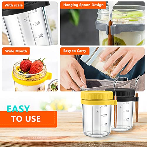 Cghwbea Overnight Oats Container - Yogurt Oatmeal Glass Canning With Lids And Spoon, 10 Oz Cereals, Milk, Fruit Salad, With Measurement Marks (White+Grey) #TOP3