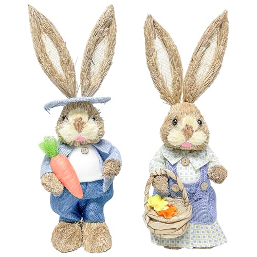 Bseical 2 peças estátua de coelho de erva de páscoa, decorações de coelho de páscoa, palha tecida coelho de páscoa, mesa de coelho de páscoa, para festa de Páscoa escritório em casa decoração