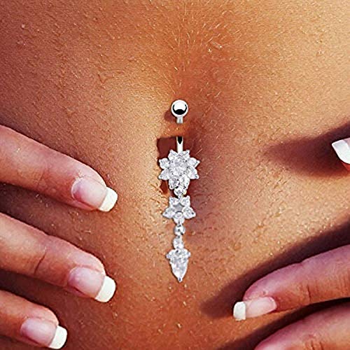 Belly Button Rings Silver,Crystal Ring Body Dangle Ball Barbell Bar Belly Button Navel Ring SL, Silver