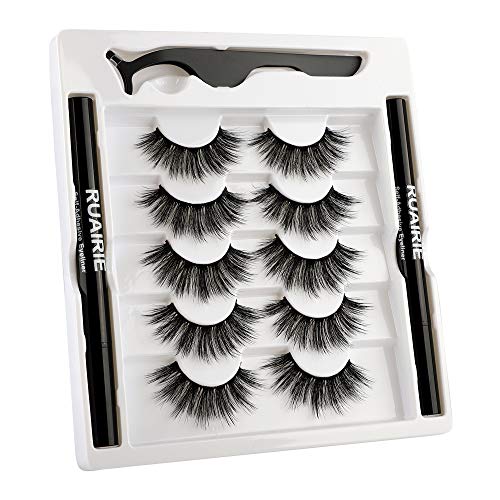 Ruairie False Eyelashes with Eyeliner, Faux Mink Lashes with 2 in 1 Self-Adhesive Eyeliner 2 Pcs Magic Lash Glue Liner - Strong Hold for Fake Eyelashes 5 Pairs