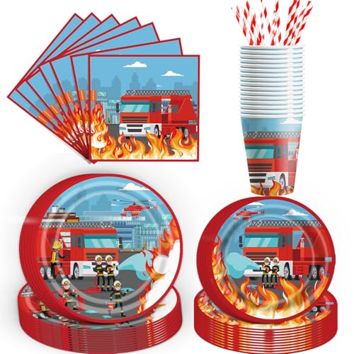 POPOYU 84 Pièces Décorations de Fête d'Anniversaire sur Thème de Camion de Pompiers, Fournitures de Fête sur Thème de Firetruck, Vaisselle pour 16...