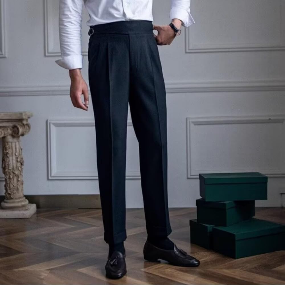 Męskie tweedowe spodnie z wysokim stanem, spodnie w stylu vintage, proste przednie płaskie diagonalne spodnie z wysokim stanem zwężane nogawki, Czarny, 4XL