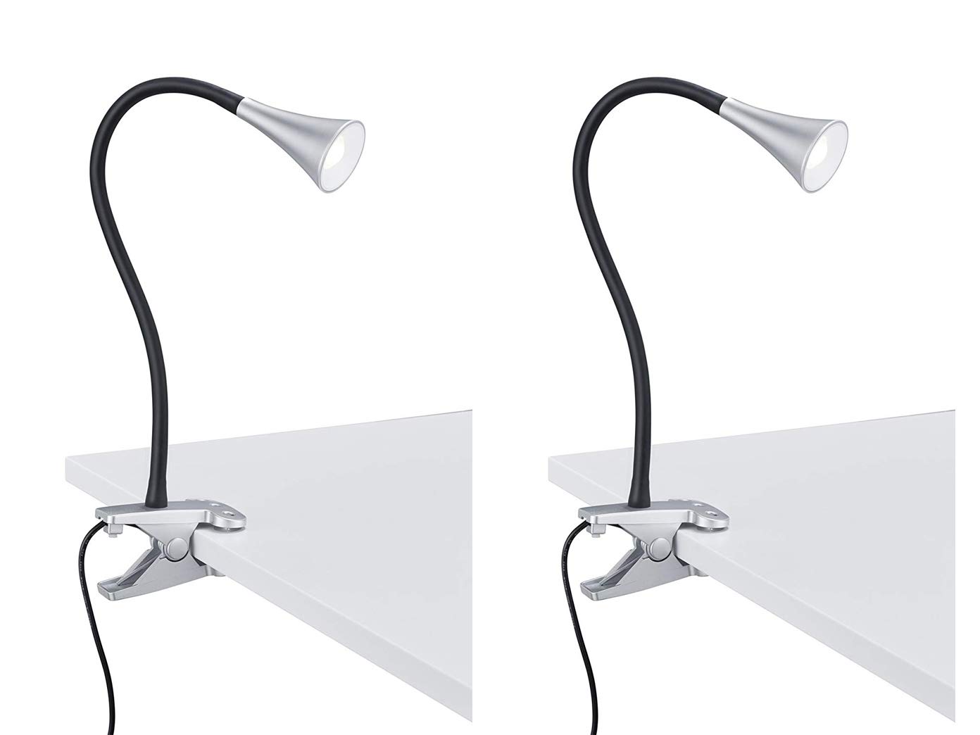 Lot de 2 lampes LED flexibles avec col de cygne - 1 lampe à pince en plastique - Argenté/noir.