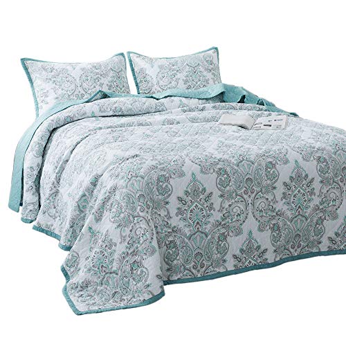 KASENTEX Luxury 3 Piece Quilt Set - Contemporary Oversized Bedding with Lavish Floral Printed Design, 100% Cotton Soft & Warm Reversible Bedspread (Light Blue, Twin + 2 Shams 80x106+20x26 x2)