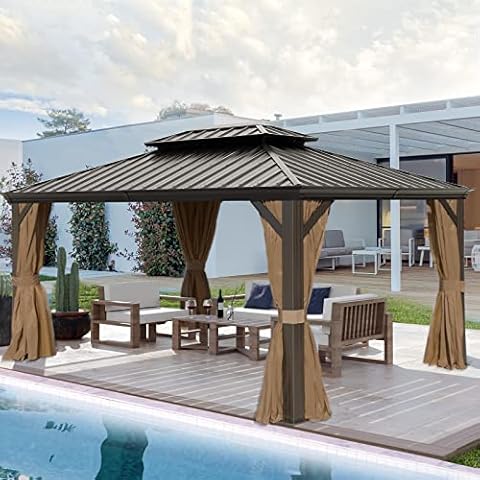 NOBLEMOOD 10' x 12' Hardtop Gazebo Aluminum Outdoor Patio Gazebo with Curtain & Netting, Galvanized Steel Double Roof Canopy Gazebo for Garden, Patio & Lawn (Brown) Cover