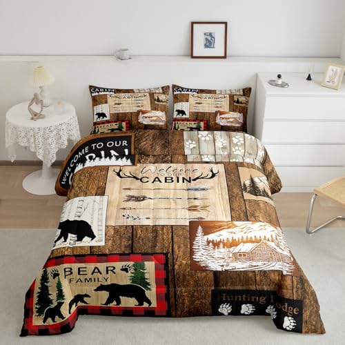 Farmhouse Cabin Bedding Set,Rustic Bear Deer Queen Comforter Set Size Woodland Country Patchwork Duvet Insert for Kids Teens Adult Women,Grid Claw Wildlife Paw Checkered Buffalo Plaid Decor