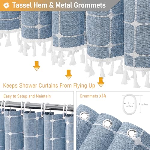 Image of BTTN Blue Boho Farmhouse Linen Thick Water Repellent Shower Curtain, 84x72 | Wide Size, Heavy Duty Fabric, 14 Plastic Hooks, Three-sided Tassels, Bohemian French Country, Machine Washable, Wrinkle Free