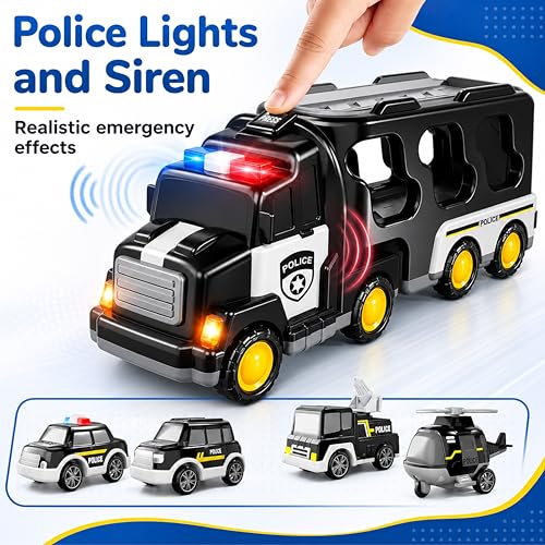 Image of Lifelong 5-in-1 Police Carrier Truck | Big Friction Powered Truck Toy with Lights, Siren & Sound | Police Car Set with Fire Truck, Ambulance, Helicopter | Birthday Gift Set for Boys, Girls 3-10 Yrs