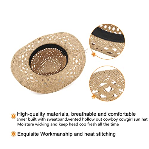 Gemvie Men & Women's Summer Cowboy Cowgirl Straw Hat Hollow Out Style Roll Up Brim Cowboy Sun Hat Coffee #TOP5