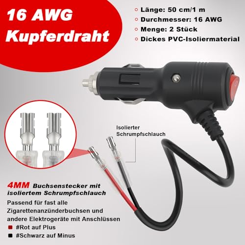 Funyord 2 Stück Zigarettenanzünder-Stecker (1m) mit Schalter – 12V/24V 16AWG Verlängerungskabel mit Doppelt Isolierter Außenhülle für Auto, Wohnmobil, Boot, Motorrad