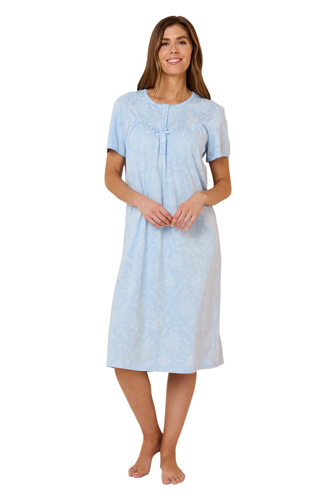 Chums Ladies Jersey Print Nightdress with Picot Trim – Soft 100% Cotton Fabric, Button Placket, 45" Length, Relaxed Fit Nightwear Aqua 16-18