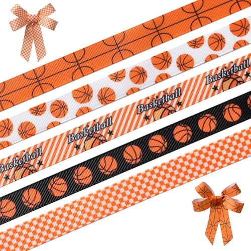 FAKILO Basketball Ribbons 5 Rolls 20 Yards 5/8 Cute Basketball Grosgrain Ribbons for Theme Party Decor Gift Wrapping Sewing Crafts Making Hair Tie Cheer Bows and Sport Team Decorations