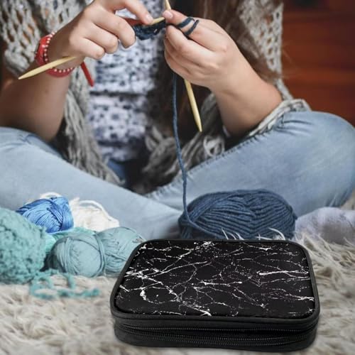 Image of Crochet Hook Case Black Marble Crochet Hook Holder Portable Crochet Hook Storage Bag with Web Pockets Suitable for Crochet Needles /Knitting Accessories