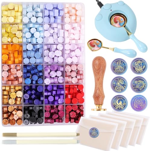 Wax Seal Kit with 24 Colors Wax Seal Beads 600pcs, 6PCS Wax Seal Stamps, Electric Sealing Wax Warmer, Envelopes and Wax Seal Metallic Pen for Gift and Decoration (Ocean)