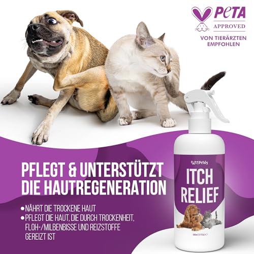 Petsly Anti Juckreiz Spray für Hunde & Katzen 500ml - Sofortige Linderung bei juckender Haut, Grasmilben & Hautreizungen - Mit beruhigender Aloe Vera für empfindliche Tierhaut