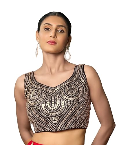 Image of Pujia Mills Fancy Women's foil Mirror and Thread Zari Work Sweetheart Neck Silk Sleeveless Blouse (PC Bindi Foil Parent)