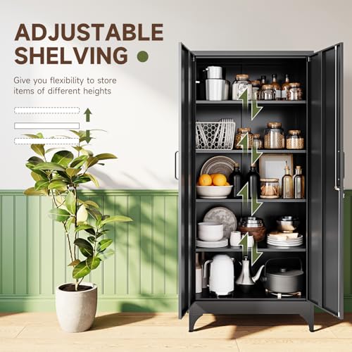 Image of Letaya 71 inch H Metal Storage Cabinet with 2 Doors and 4 Shelves,Tall Kitchen Pantry Cabinets,Utility Pantry Organizers for Cupboard /Dining /Bathroom /Home Office /Garage, Steel Tool Cabinets