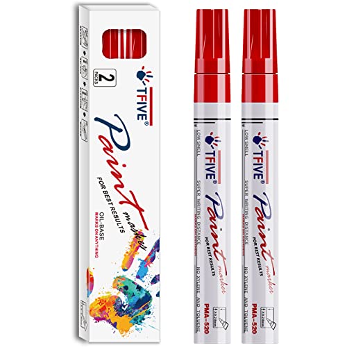 TFIVE Red Permanent Paint Marker Pens - 2 Count Oil Based Marker Pen Medium Tip Waterproof & Quick Dry for Office Art projects Rock Painting Ceramic Glass Wood Plastic Metal Canvas
