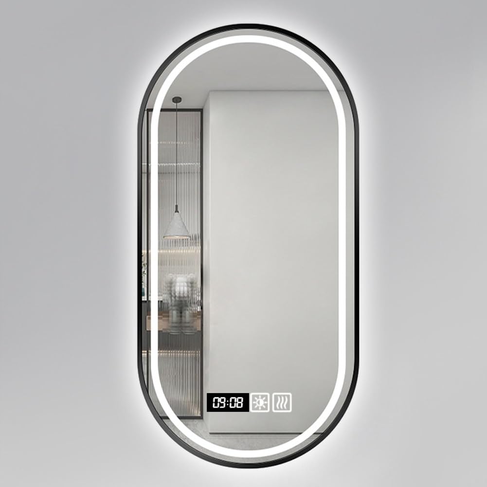 Espejo de baño LED ovalado luminoso con función antivaho, inteligente con un botón, tres colores, ideal para varios lugares, negro, 40 x 70 cm