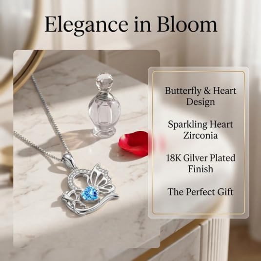 Birthstone Heart butterfly Necklace for Women, Infinity Pendant 14K Gold /18K White Gold Womens Necklaces, Jewelry Anniversary Birthday Christmas Gifts for Her Mom Wife