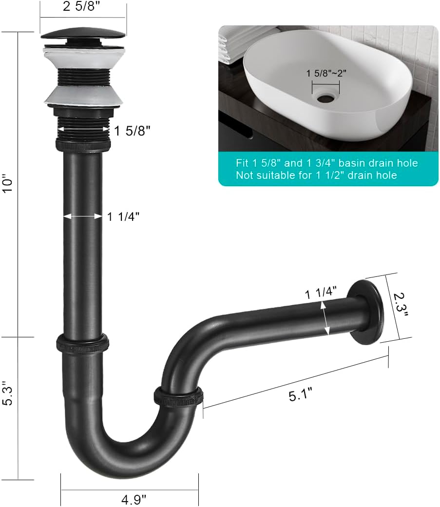U Shape P-Trap Stopper Complete Set, Adjustable Height 1-1/4 Bottle Trap Basin Sink Waste Drain P Trap Set Without Overflow, Oil Rubbed Bronze