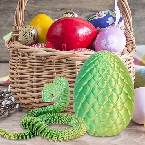 XehCaol 3D-gedruckte Schlange Bewegliche Schlange Zappelspielzeug 3D Schlange mit Ei Ostergeschenke Schlangenfiguren Ostern Flexible Schlangeneier Heim Büro Dekor (Green)