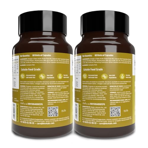 Image of hk vitals Omega 3 Fish Oil Supplement (60 Capsules Each, Pack of 2) | 1000mg Omega 3 with 180mg EPA and 120mg DHA | For Brain, Heart, and Joints Health