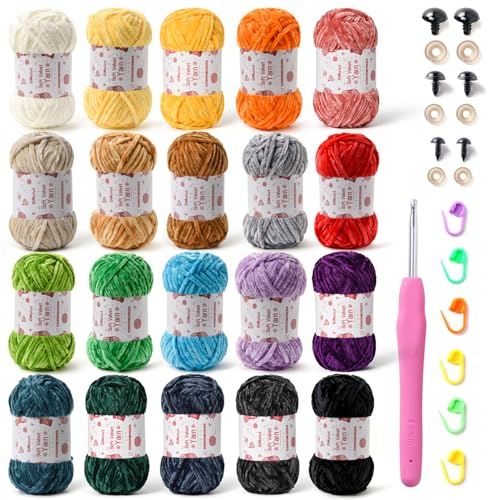 Image of 20 Pack Chenille Chunky Yarn - Baby Yarn for Crocheting Soft - White Black Brown Green Red Pink Blue Rainbow Velvet Yarns Crochet Blanket - Amigurumi Yarns Pack with Crochet Accessories B